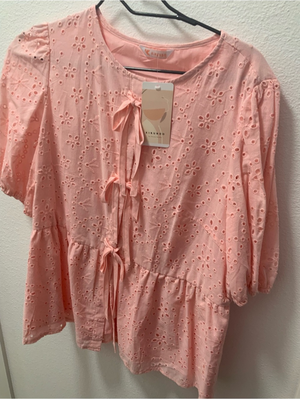 Kirundo Peach Eyelet Tie-Front Peplum Blouse